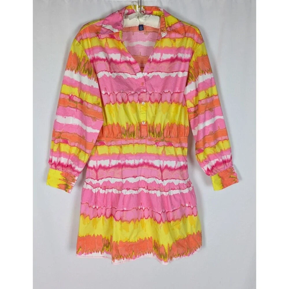 Scoop Women's Sherbet Tie-Dye Collared Long Sleeve Mini Shirt Dress Size Medium